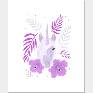 Pink Unicorn with Tropical Hibiscus and Leaves Posters and Art